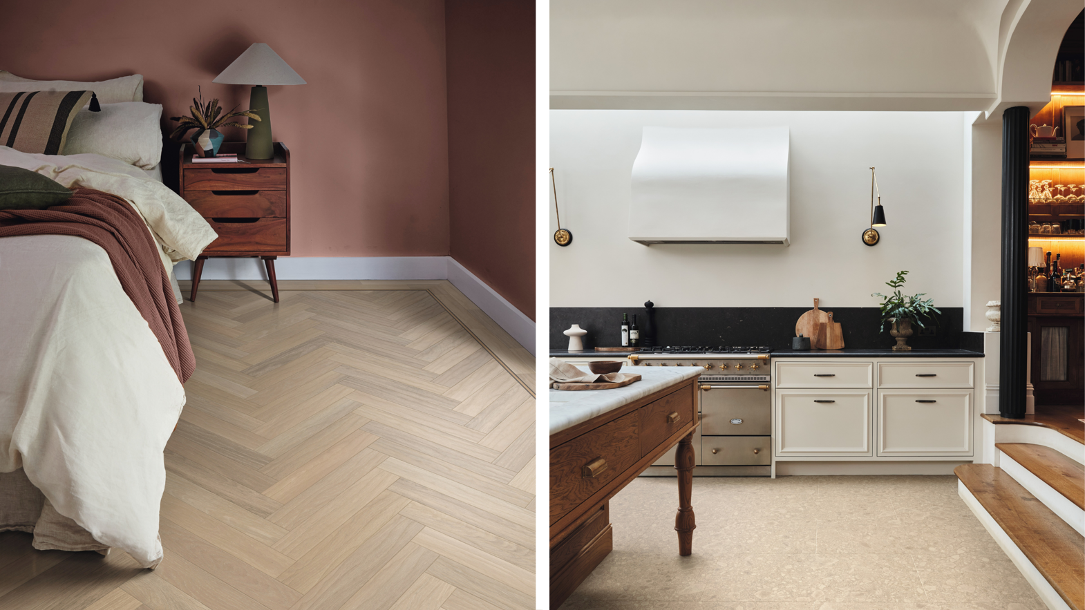 Karndean Designflooring Dune Oak in a bedroom and Sabbia Ceppo stone lvt flooring in a kitchen