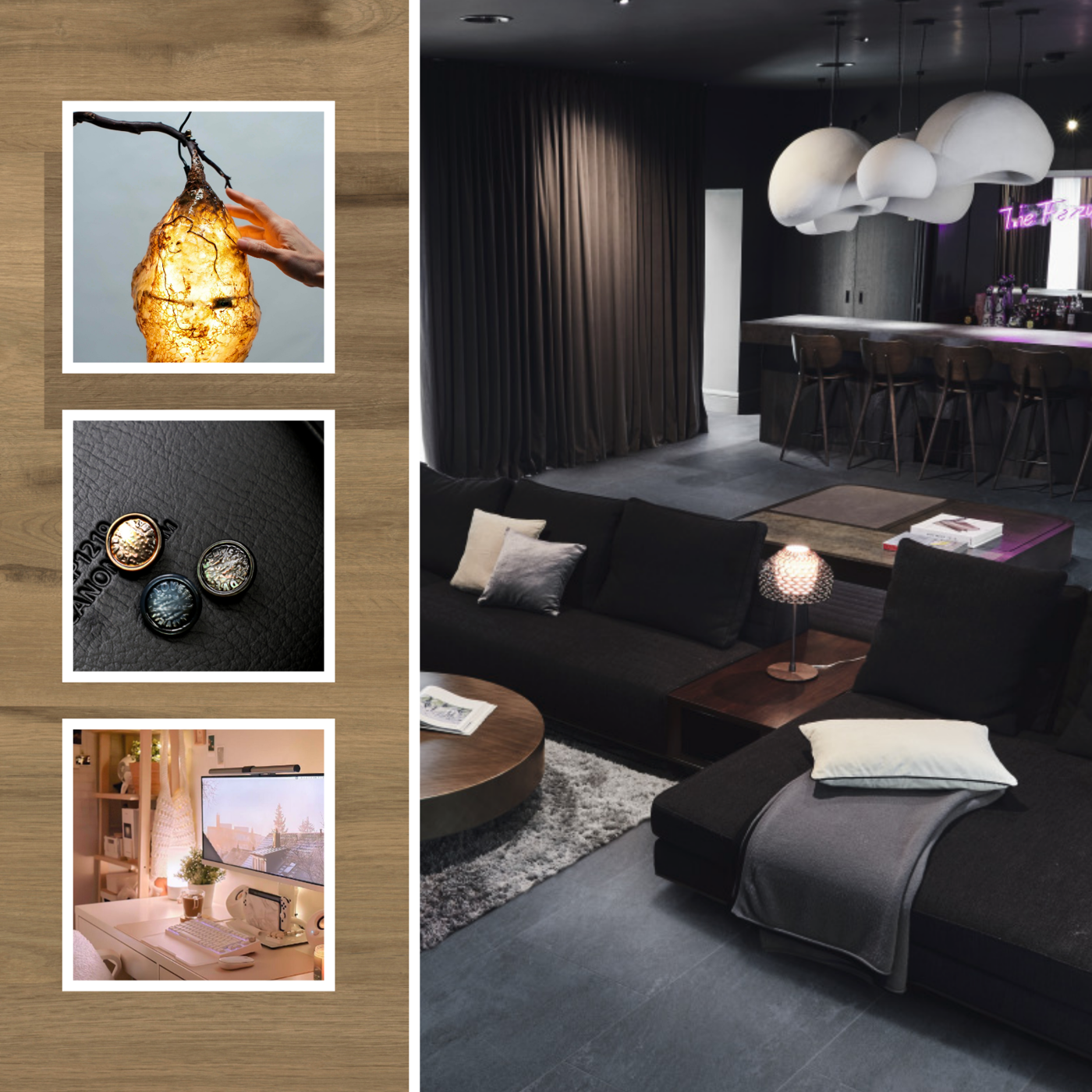 Collage of In CTRL design aesthetic featuring a moody living room with Lago Quartzite LM49 floors