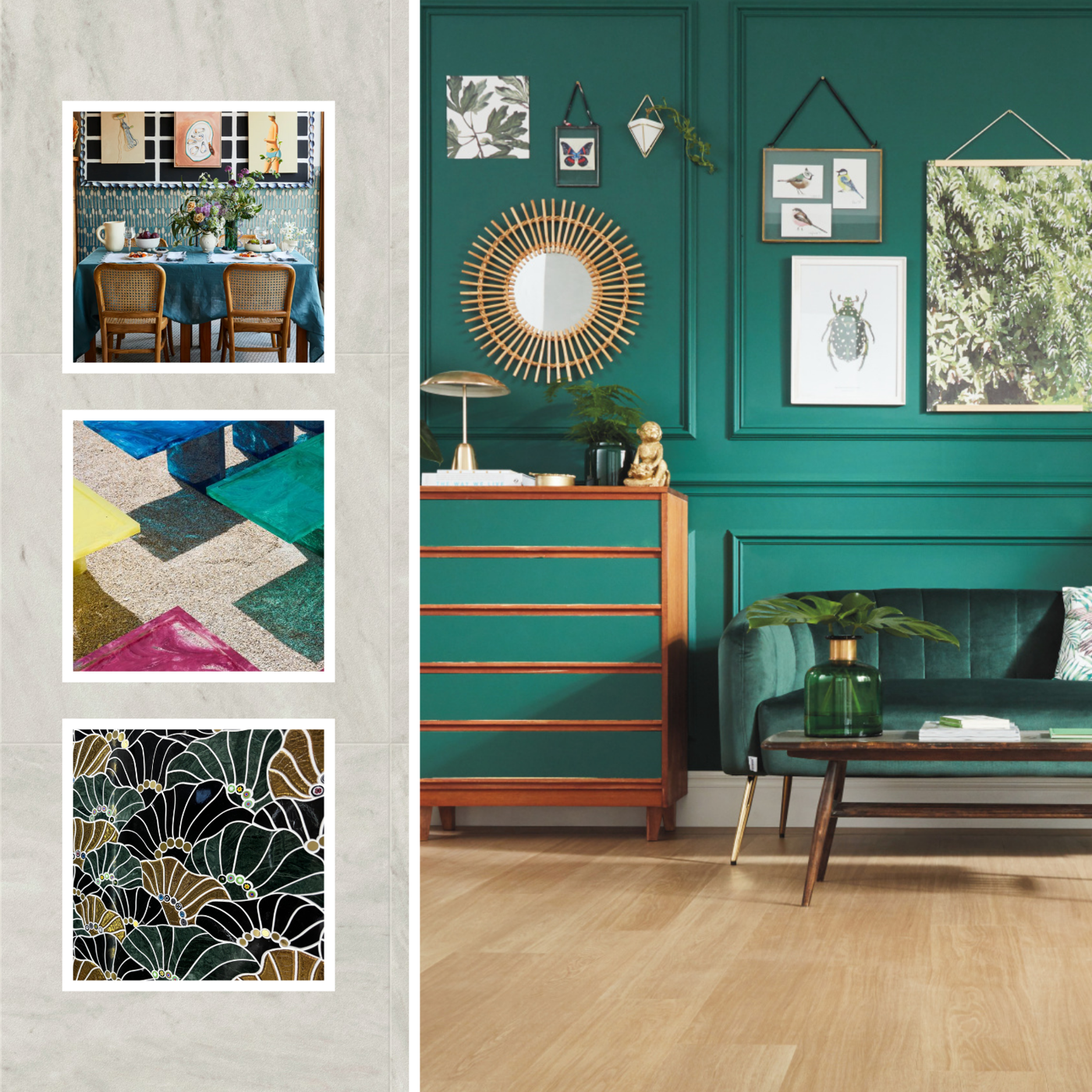 Collage of Mix + Match design aesthetic featuring a bright living room with French Oak VGW85T floor