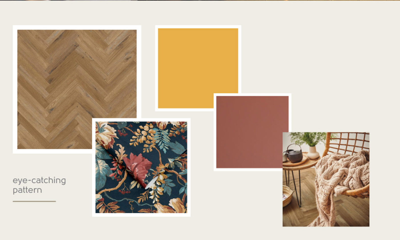 Traditional Character Oak from our Knight Tile collection paired with Dulux Honey Mustard, Farrow & Ball Picture Gallery Red and Graham and Brown Florenzia Dusk Wallpaper.