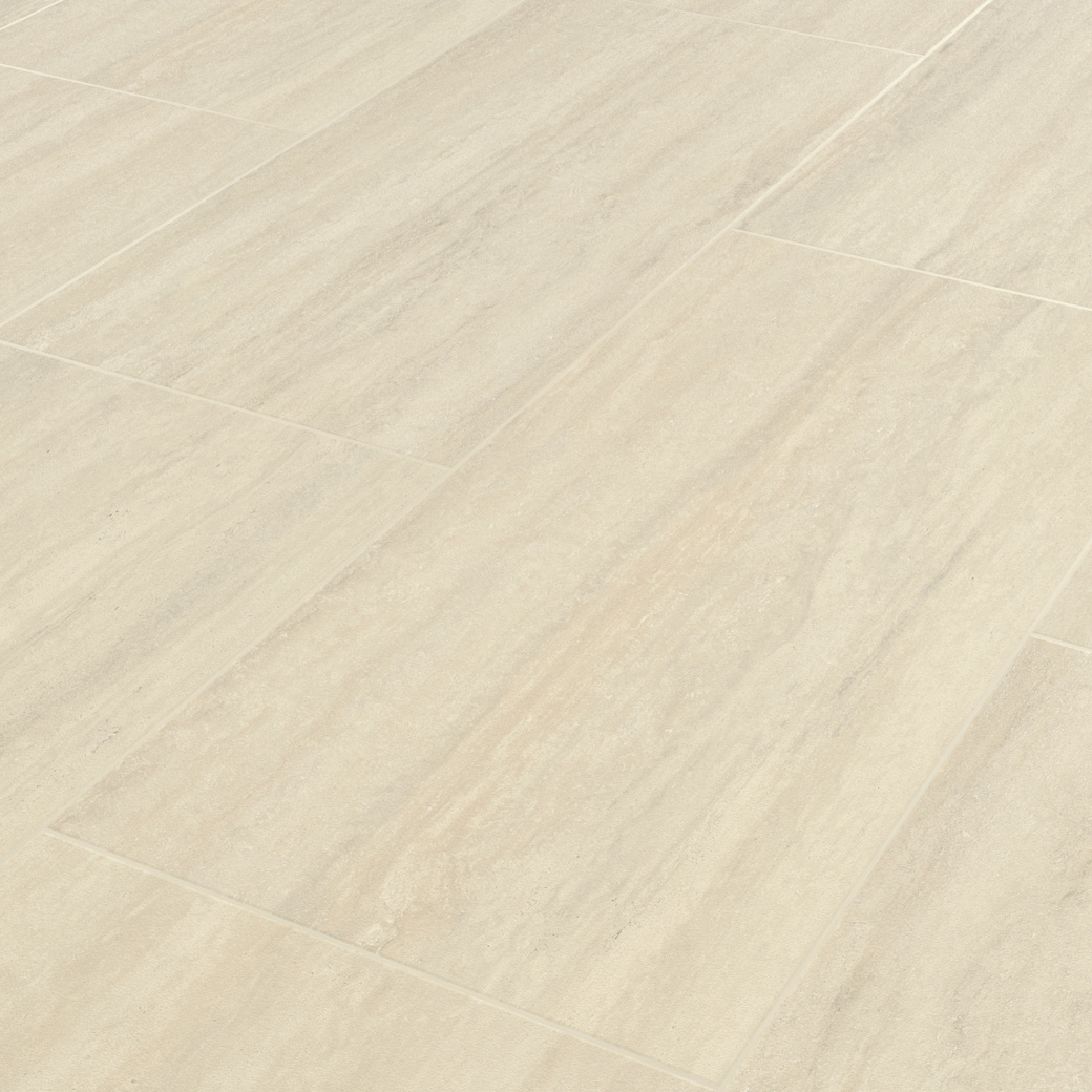 Champagne Travertino light brown lvt flooring with a design strip laid at an angle