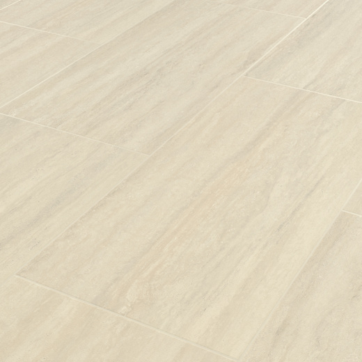 Champagne Travertino light brown lvt flooring with a design strip laid at an angle