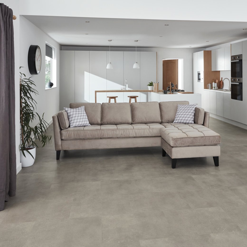 Metro Grey mid grey lvt flooring in a kitchen
